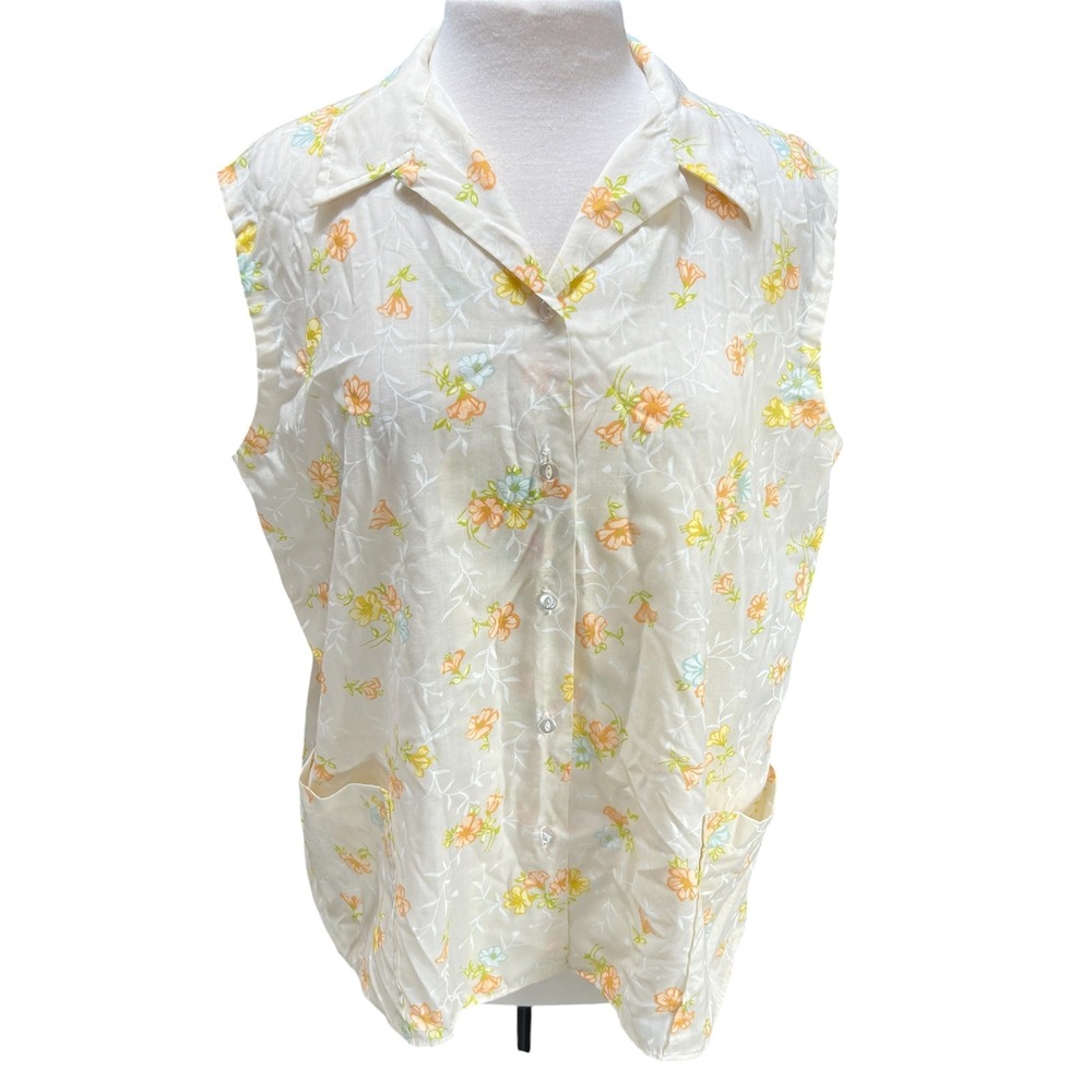 VTG Handmade Floral Sleeveless Button Down Shirt Blouse Cottage Hippy Retro Top